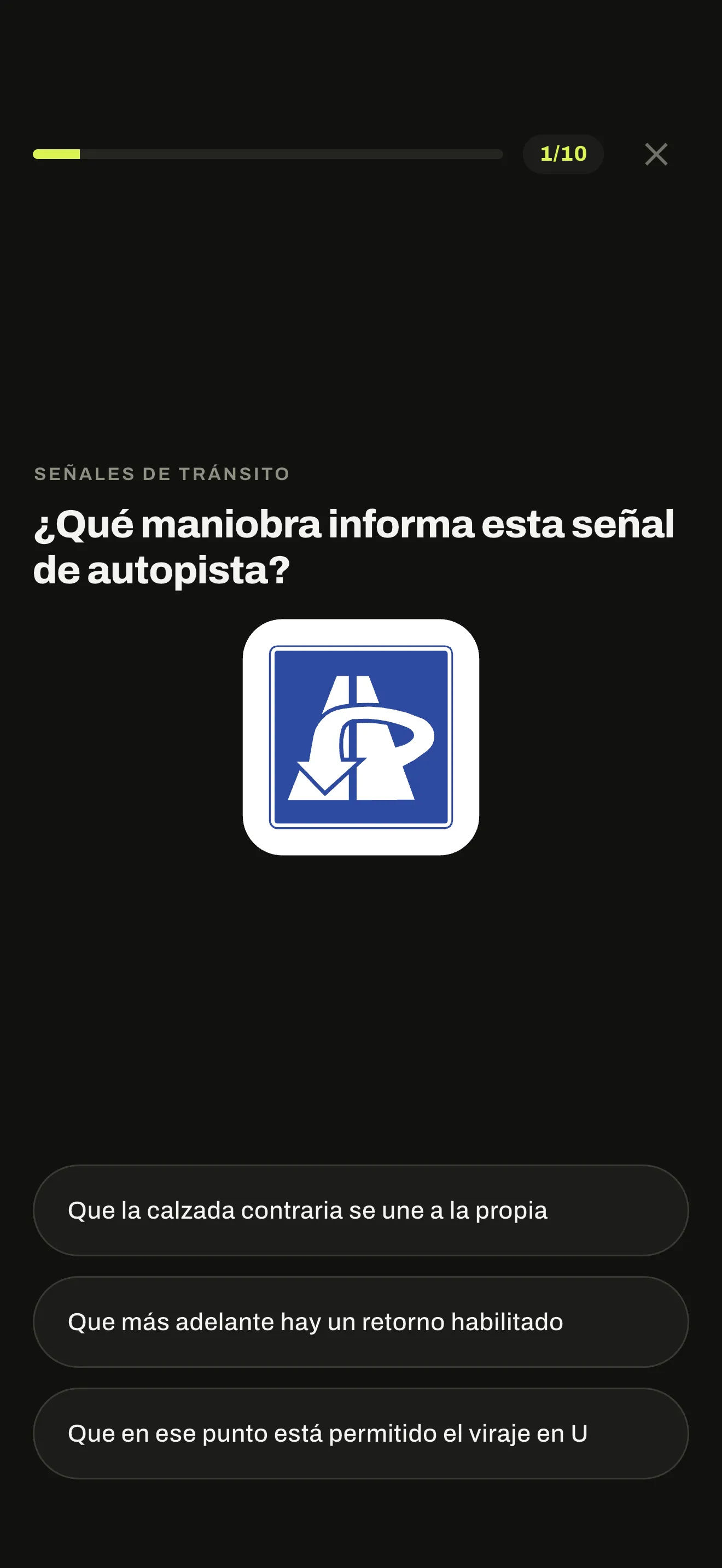 Práctica por tema en AutoTest Chile, con una pregunta de señales y sus alternativas