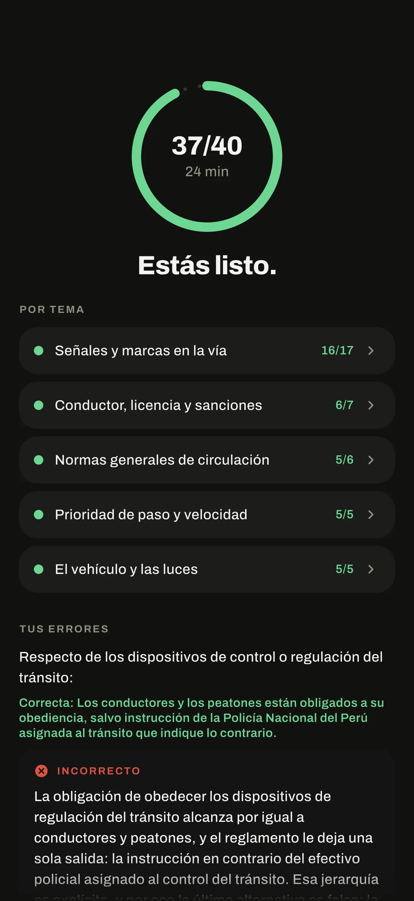Resultado de un simulacro de AutoTest Perú: 37 de 40 y el detalle por tema