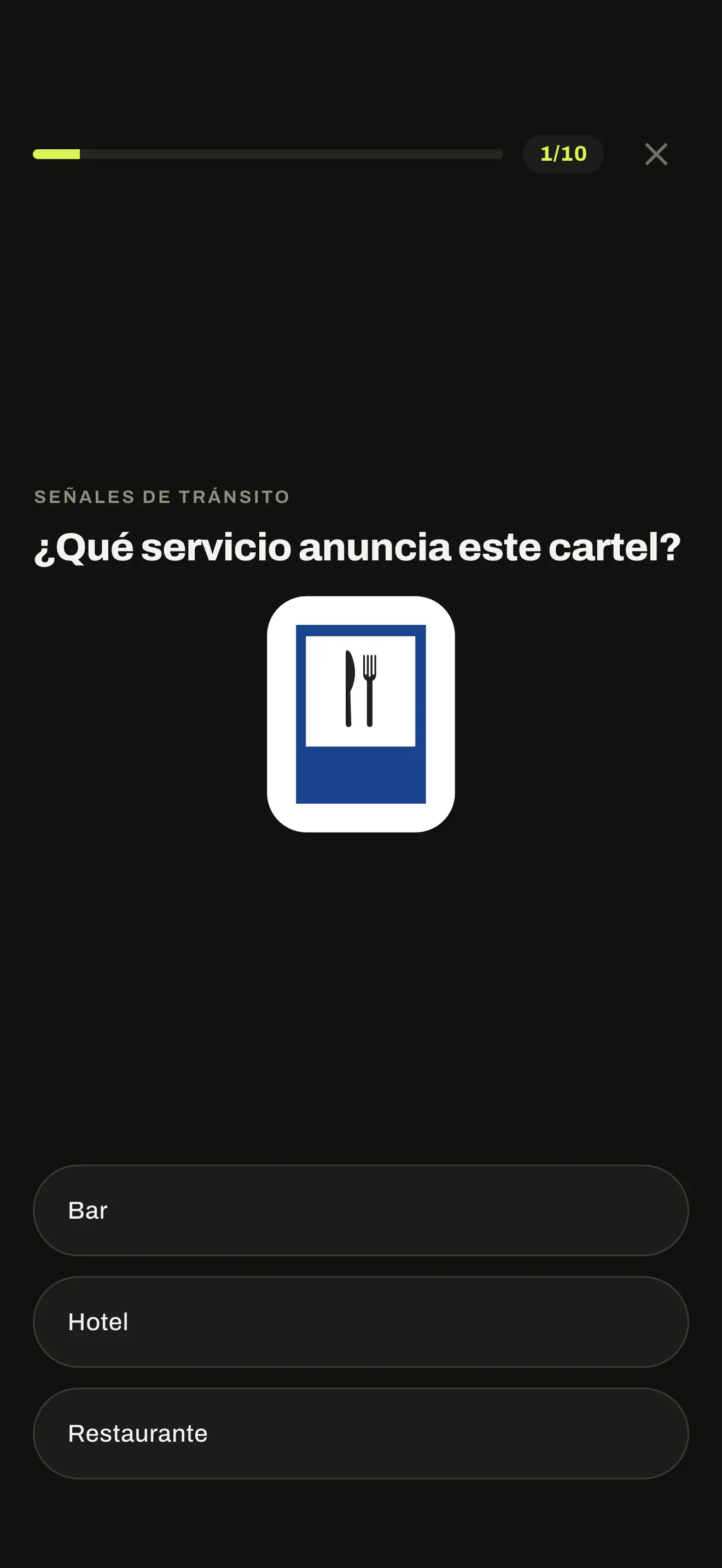 Práctica por tema en AutoTest Argentina, con una pregunta de señales y sus opciones