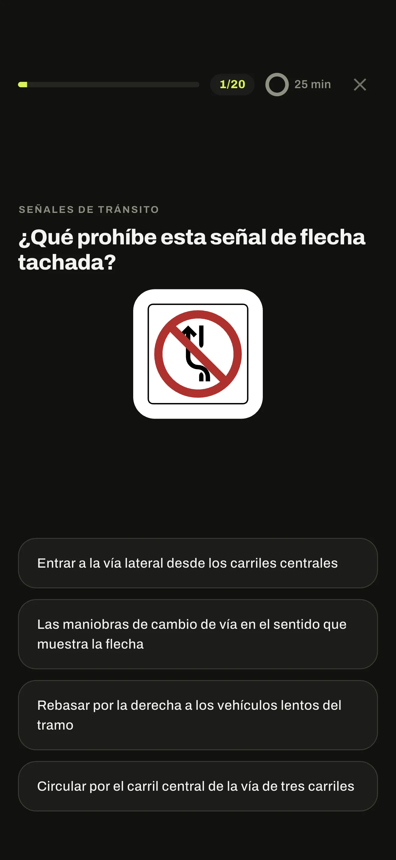 Simulacro de AutoTest México en curso: pregunta 1 de 20 y 25 minutos en el reloj