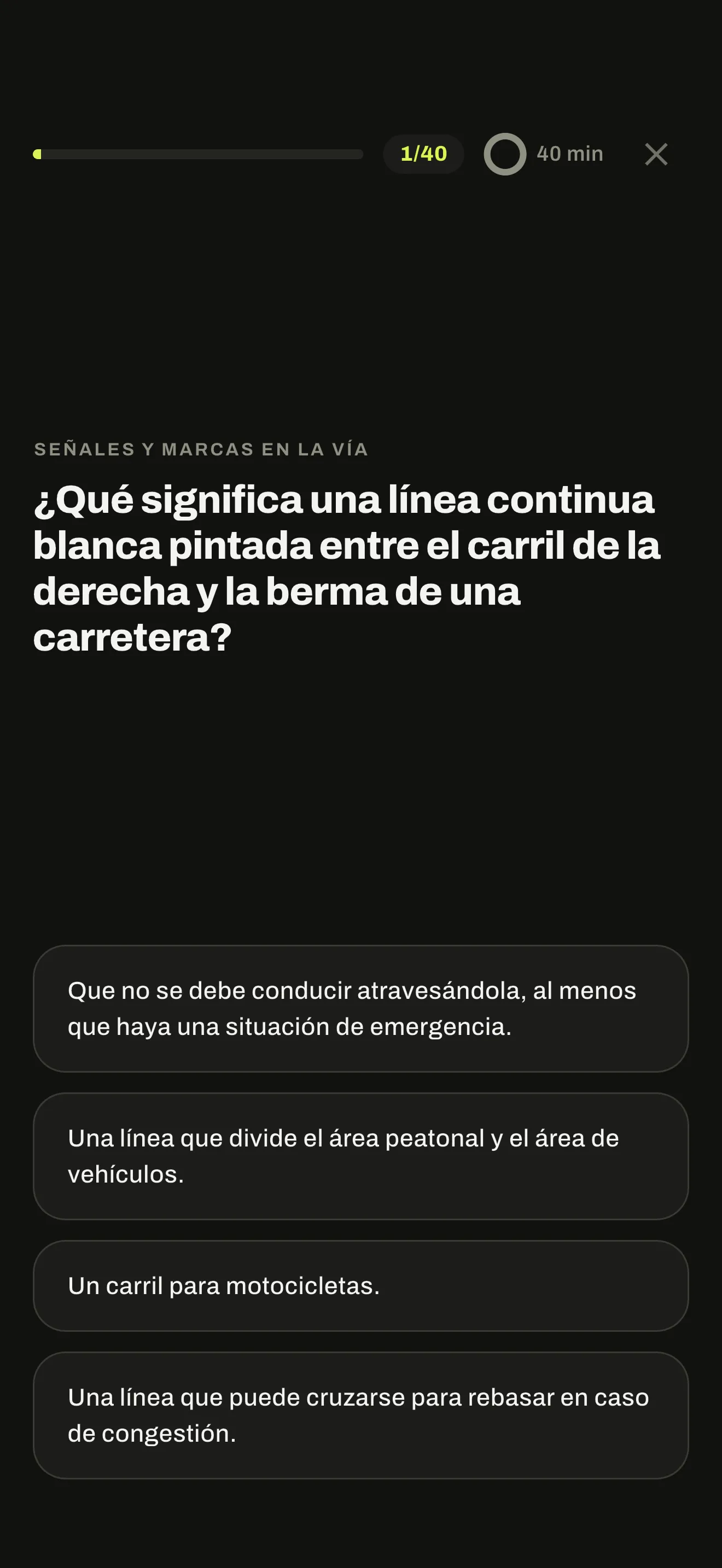 Simulacro de AutoTest Perú en curso: pregunta 1 de 40 y 40 minutos en el reloj