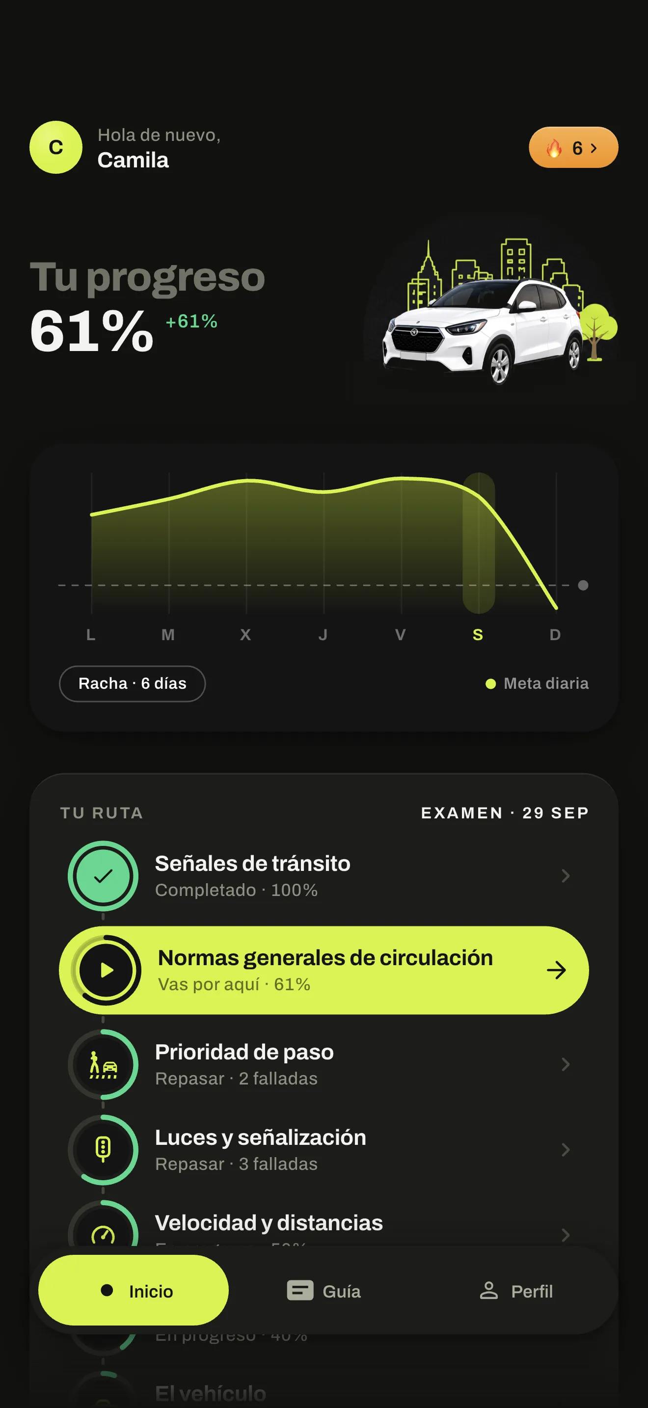 Pantalla principal de AutoTest Uruguay con la ruta de estudio y el progreso