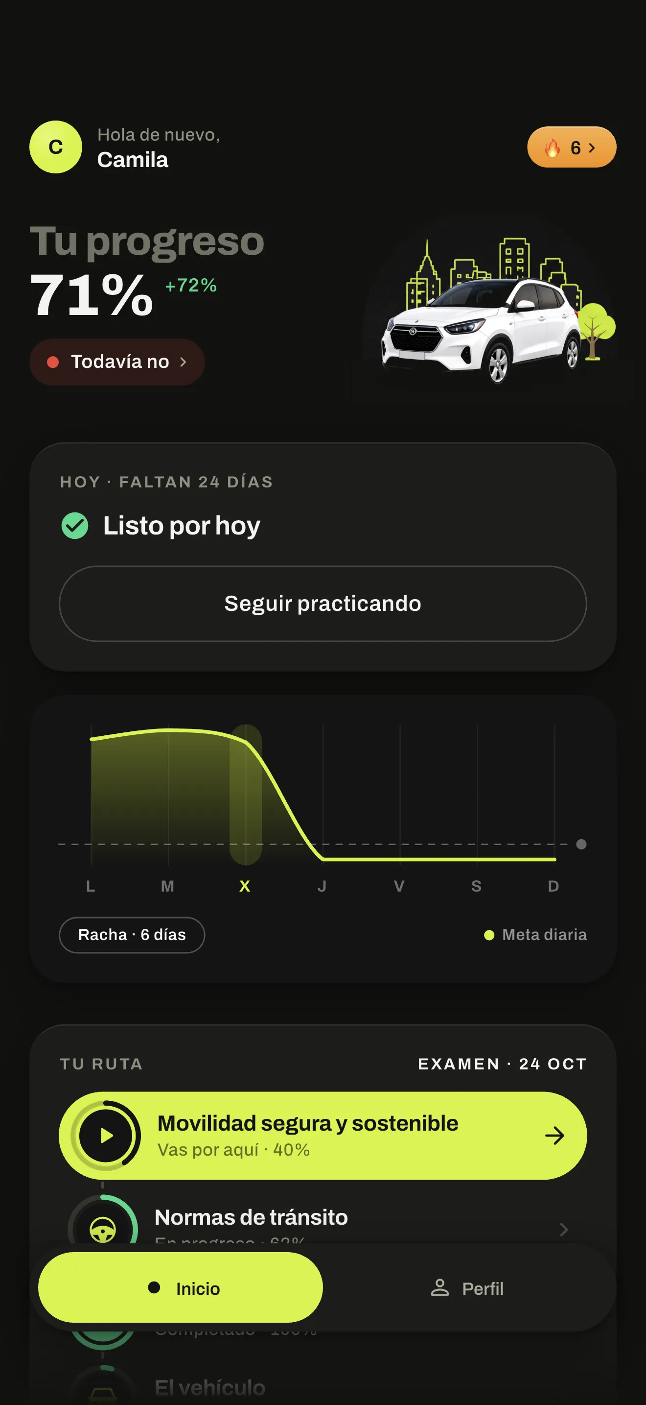 Pantalla principal de AutoTest Colombia con la ruta de estudio y el avance por tema