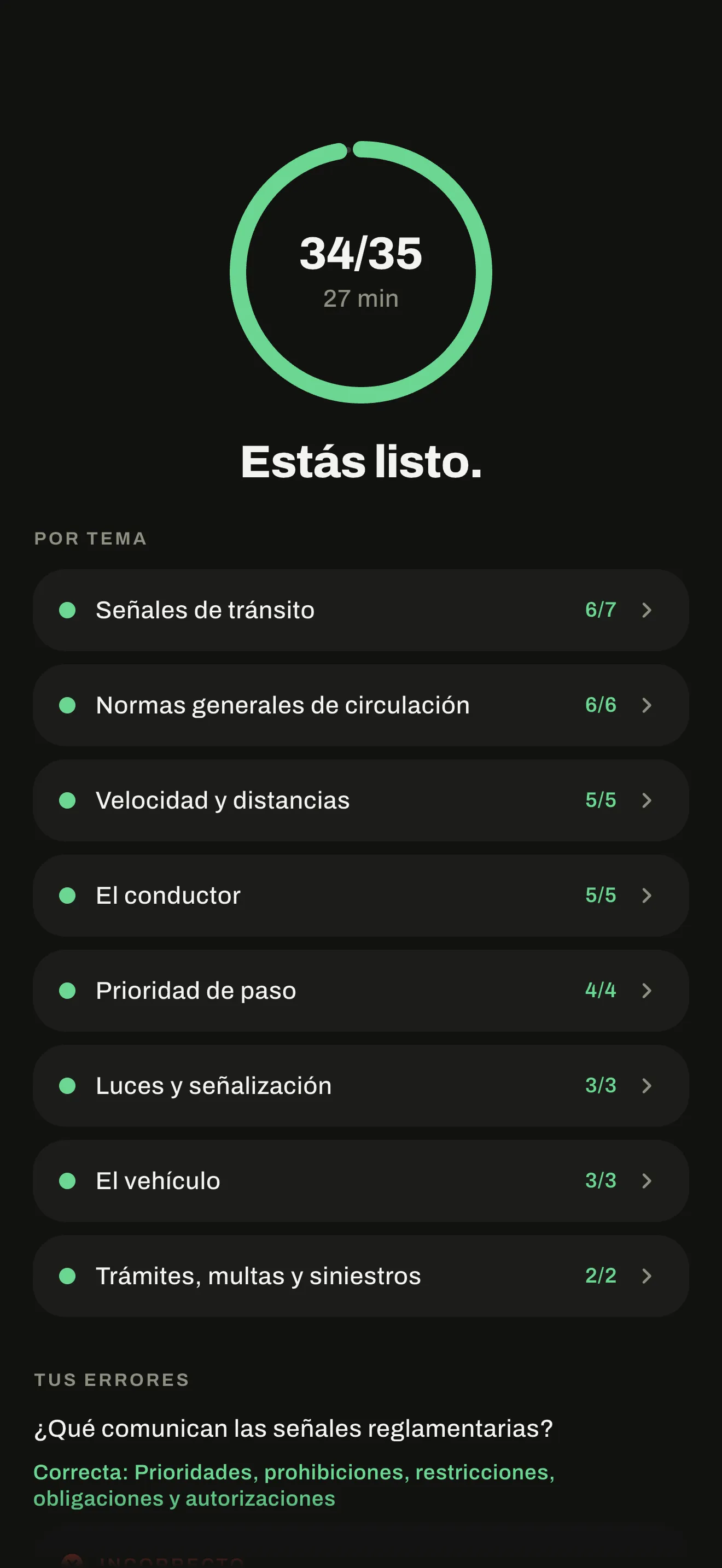 Resultado de un ensayo de AutoTest Chile: 34 de 35 y el detalle por tema