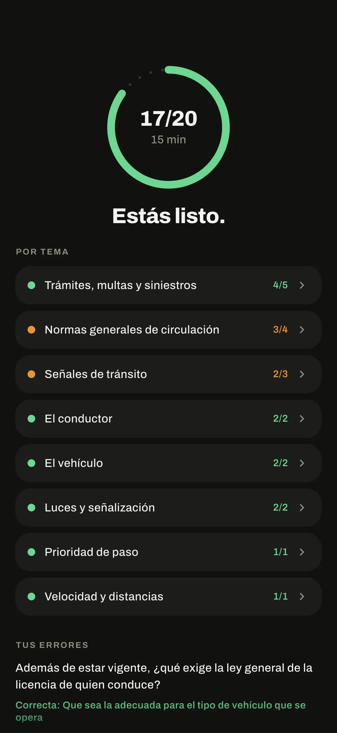 Resultado de un simulacro de AutoTest México: 17 de 20 y el detalle por tema