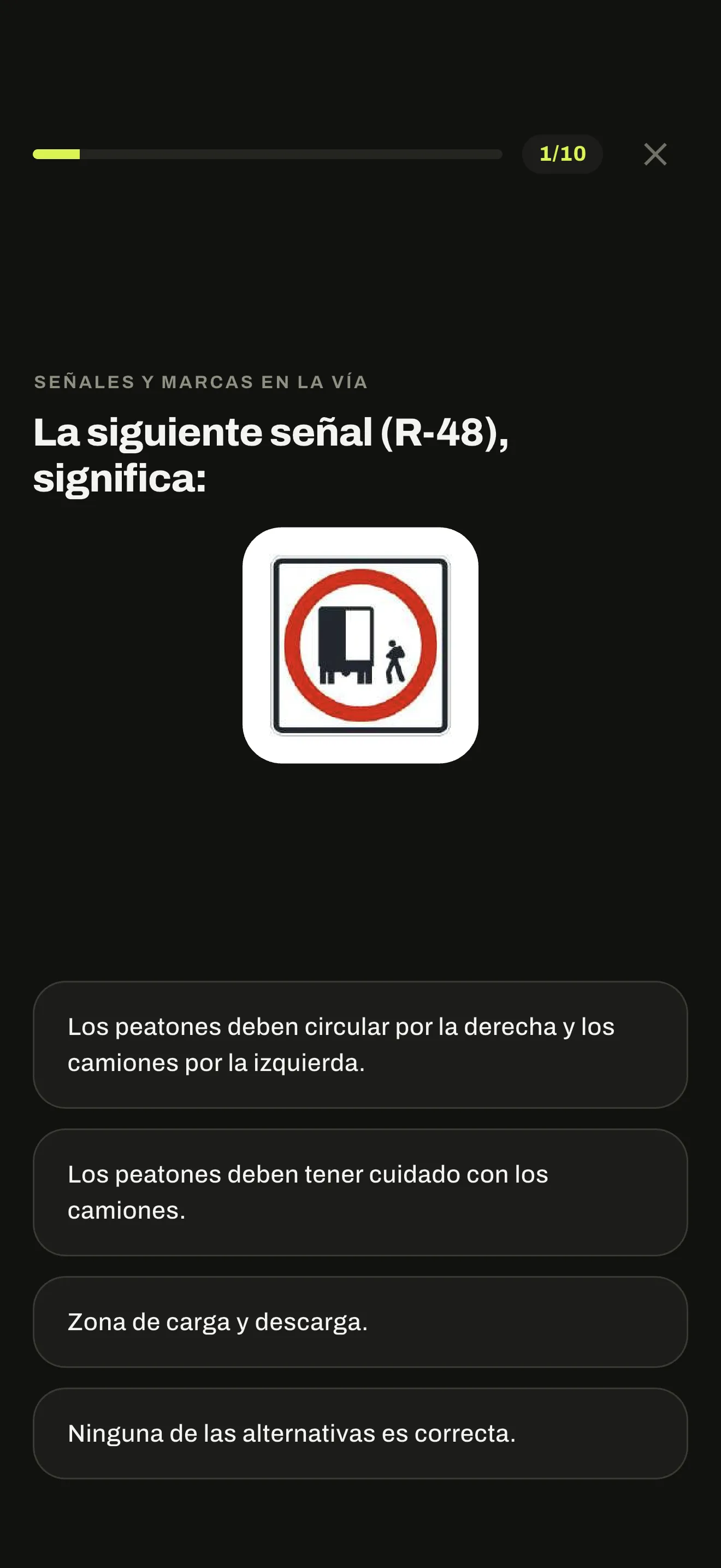 Práctica por tema en AutoTest Perú, con una pregunta del balotario y sus alternativas