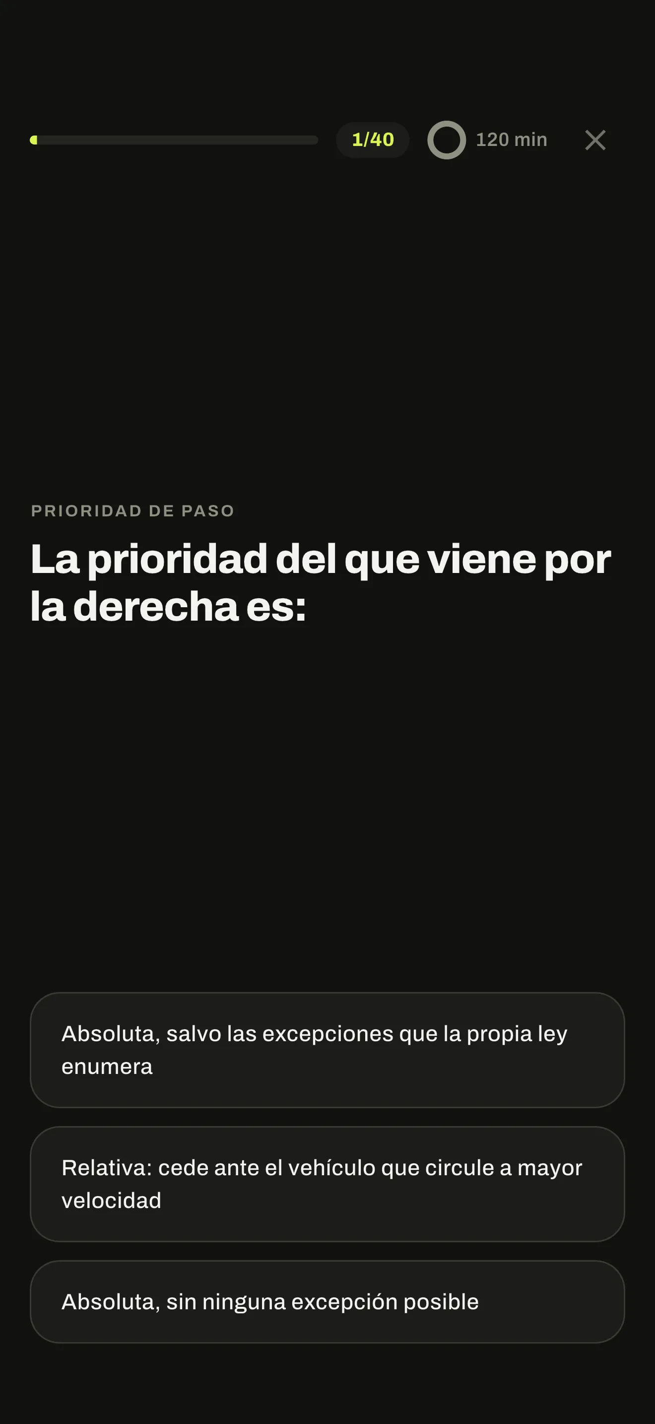 Simulacro de AutoTest Argentina en curso: pregunta 1 de 40 y 120 minutos en el reloj