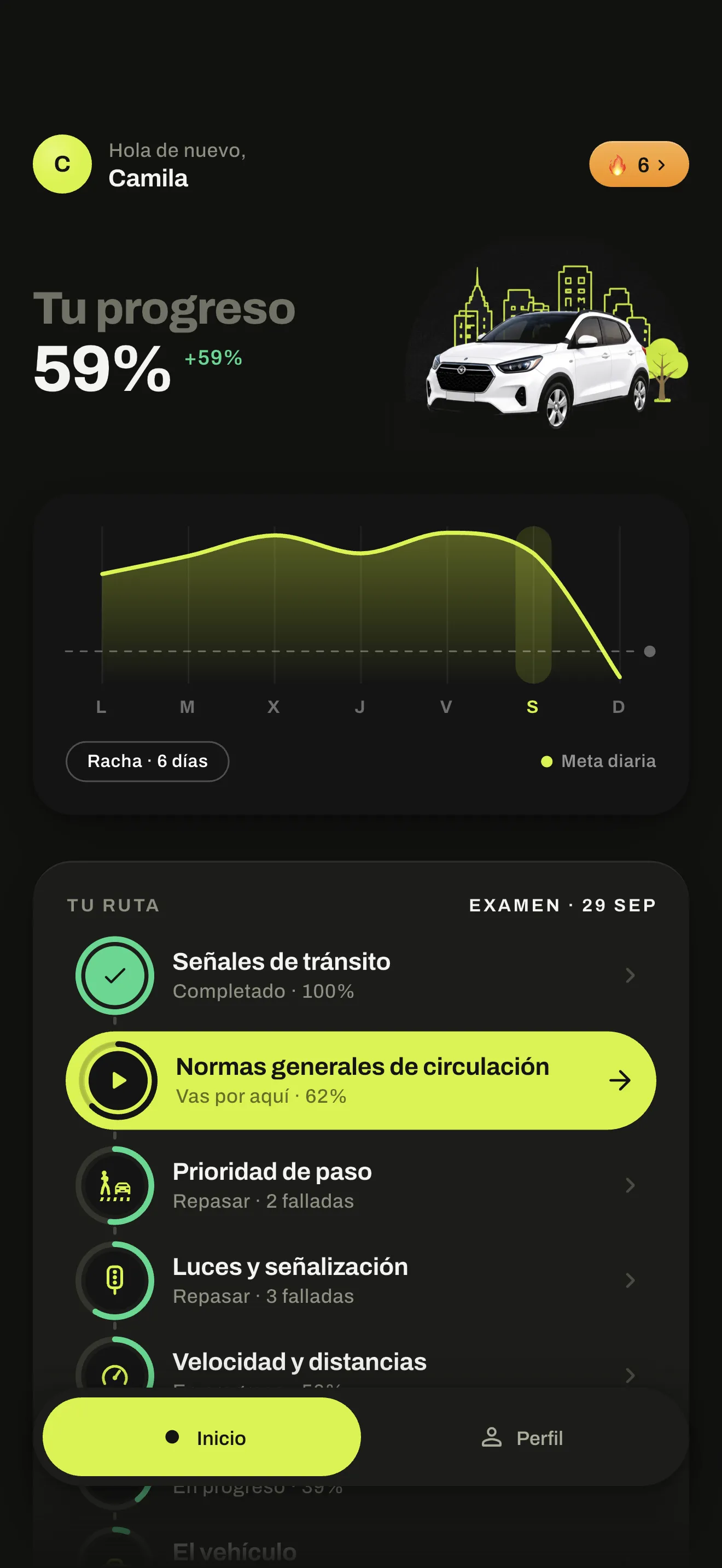 Pantalla principal de AutoTest Argentina con la ruta de estudio y el progreso