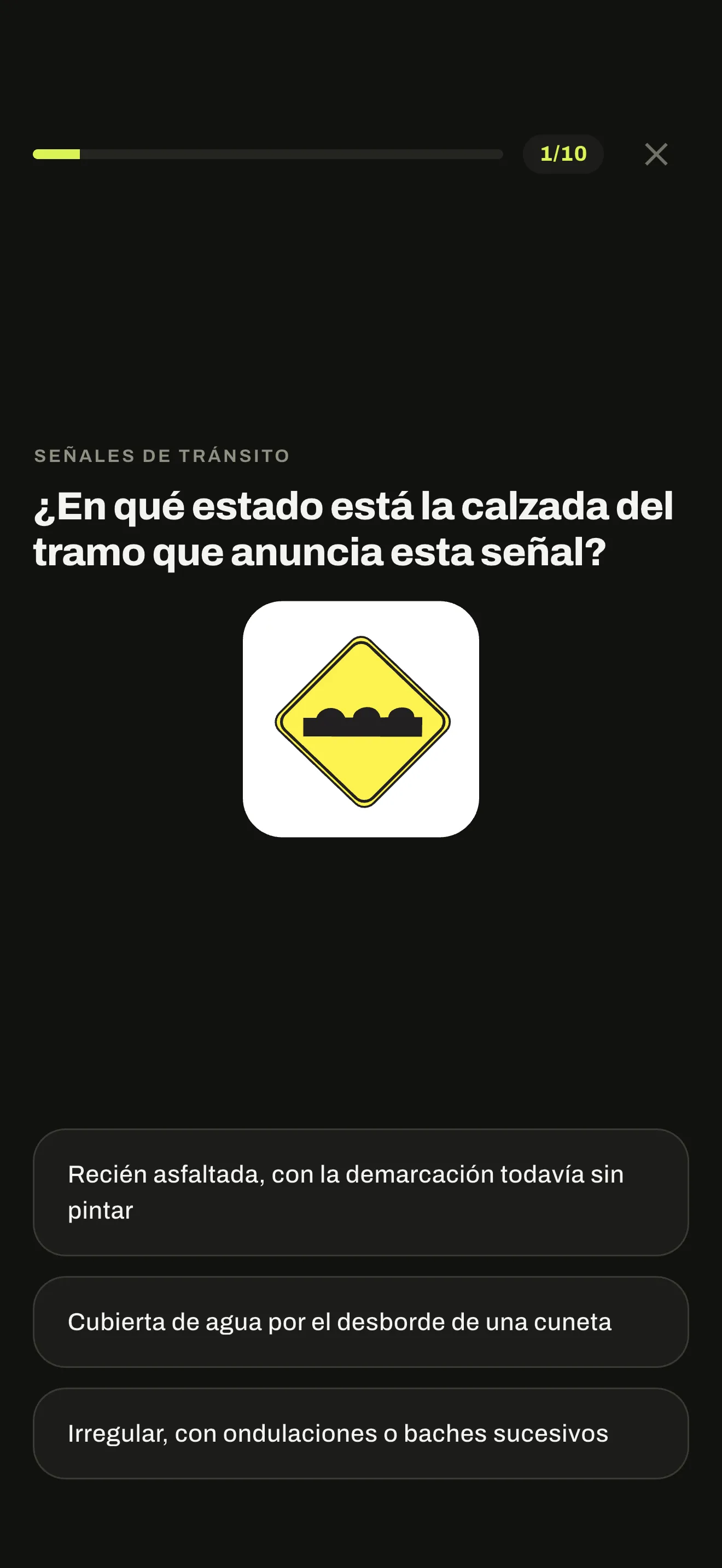 Práctica por tema en AutoTest Uruguay, con una pregunta de señales y sus opciones