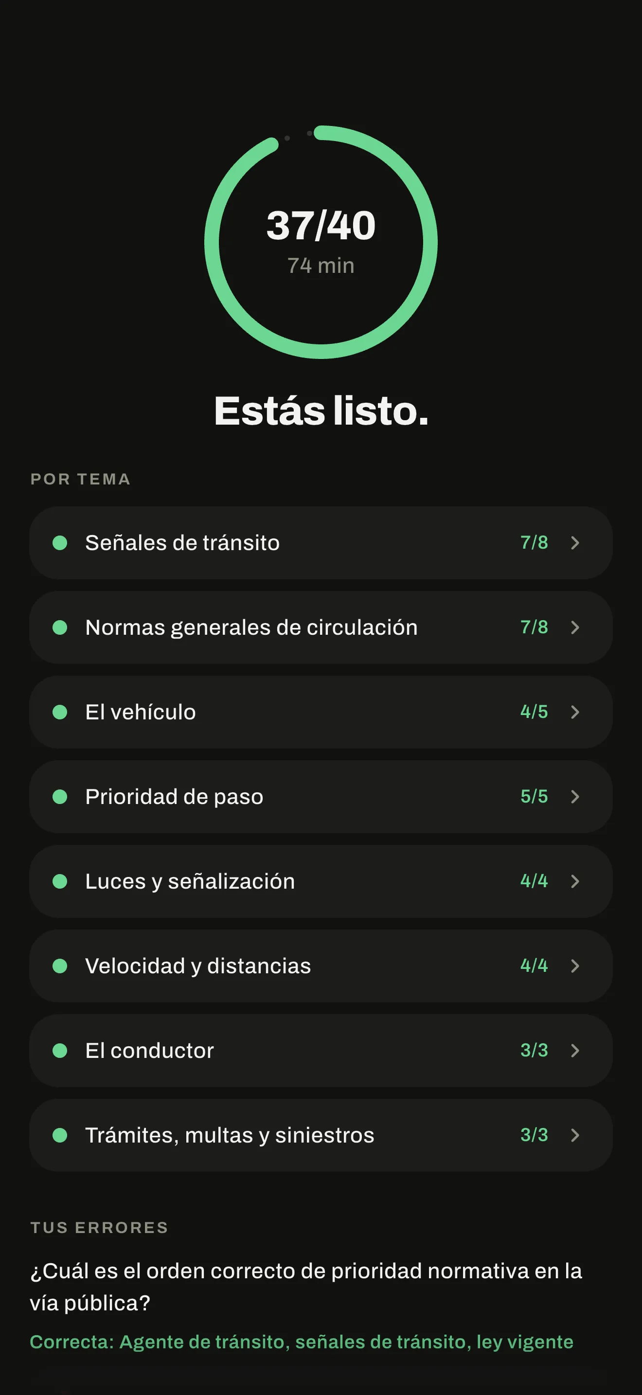 Resultado de un simulacro de AutoTest Argentina: 37 de 40 y el detalle por tema