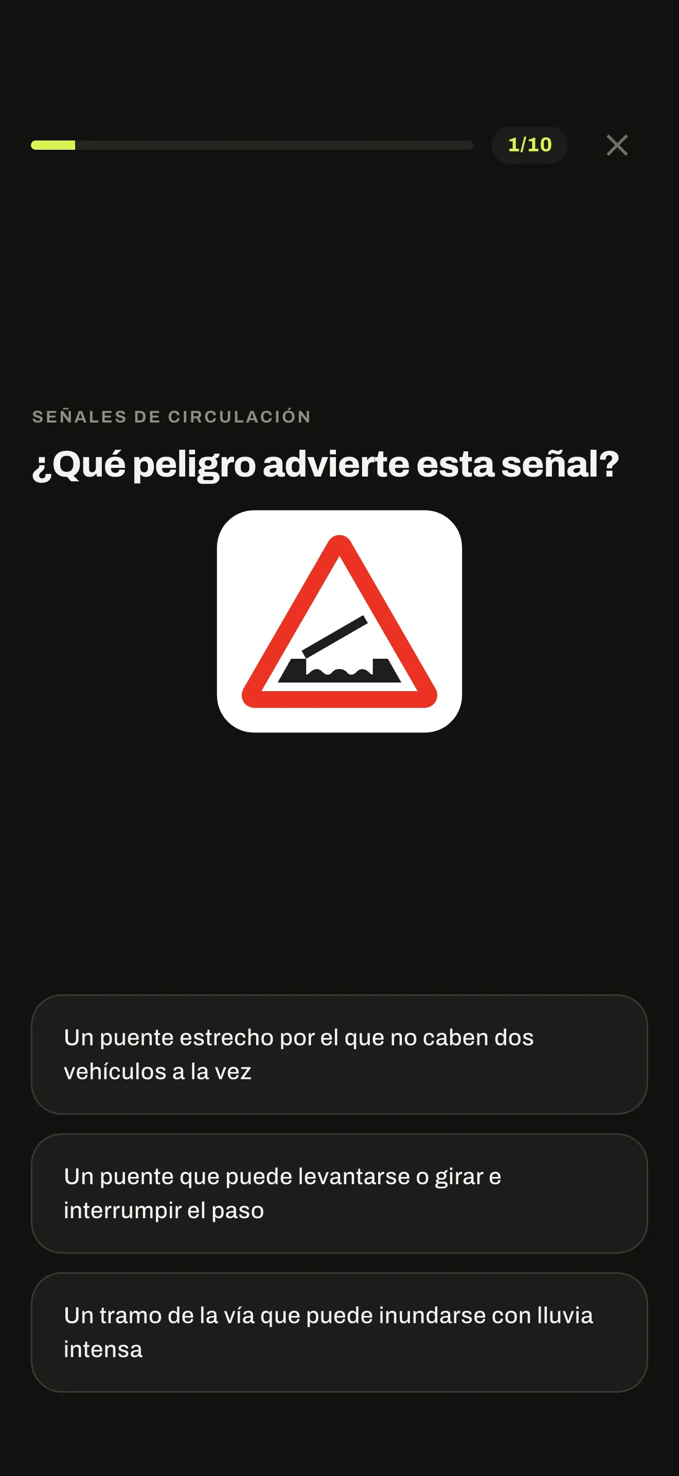 Práctica por tema en AutoTest España, con una pregunta de señales de circulación y sus opciones
