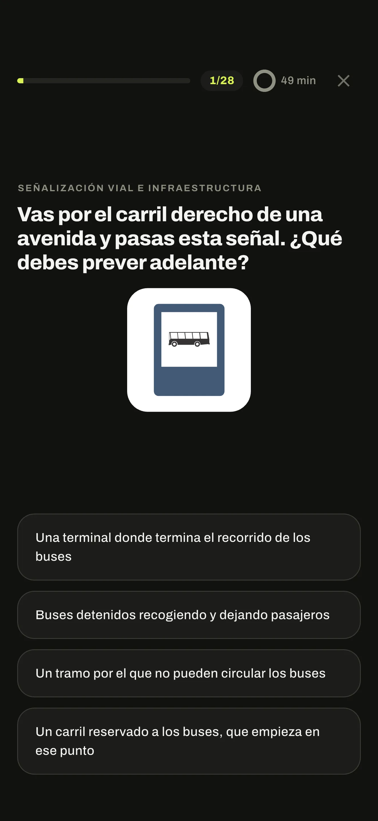 Simulacro de AutoTest Colombia en curso: pregunta 1 de 28 y 49 minutos en el reloj